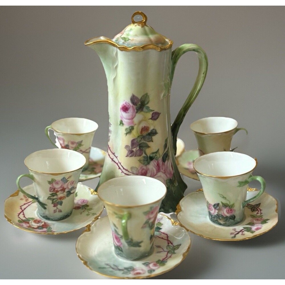 Antique Haviland Limoges Green Beauty Rose Chocolate Pot Gold France 13 Pieces